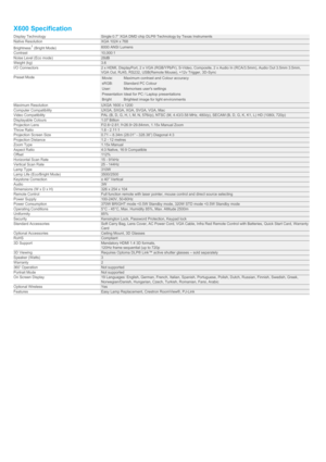 Page 4X600 SpecificationDisplay TechnologySingle 0.7” XGA DMD chip DLP® Technology by Texas InstrumentsNative ResolutionXGA 1024 x 768Brightness1 (Bright Mode)6000 ANSI LumensContrast10,000:1Noise Level (Eco mode)28dBWeight (kg)3.6I/O Connectors2 x HDMI, DisplayPort, 2 x VGA (RGB/YPbPr), S-Video, Composite, 2 x Audio In (RCA/3.5mm), Audio Out 3.5mm 3.5mm,VGA Out, RJ45, RS232, USB(Remote Mouse), +12v Trigger, 3D-SyncPreset ModeMovie:Maximum contrast and Colour accuracysRGB:Standard PC ColourUser:Memorises...