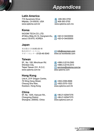 Page 11511 5English
Appendices
Latin America
715 Sycamore Drive    408-383-3700
Milpitas, CA 95035, USA  408-383-3702
www.optoma.com.br www .optoma.com.mx  
Korea
WOOMI TECH.CO.,LTD.
4F,Minu Bldg.33-14, Kangnam-Ku,   +82+2+34430004
seoul,135-815, KOREA  +82+2+34430005
Japan
東京都足立区綾瀬3-25-18
株式会社オーエスエム
  info@osscreen.com
サポートセンター:0120-46-5040 www.os-worldwide.com
Taiwan
5F., No. 108, Minchiuan Rd.   +886-2-2218-2360
Shindian City,    +886-2-2218-2313
Taipei Taiwan 231, R.O.C.  services@optoma.com.tw...