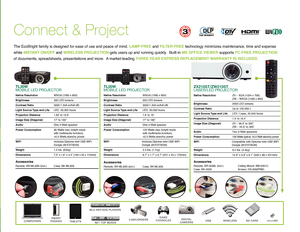 Page 5Connect & Project
ZX210ST/ZW210ST  
LASER/LED PROJECTOR
Native Resolution  ZX – XGA (1024 x 768) 
  ZW – WXGA (1280 x 800)
Brightness  2000 LED lumens
Contrast Ratio  Up to 100,000:1
Light Source Type and Life    LED / Laser, 20,000 hours 
Projection Distance  1.3’ to 16.4’ 
Image Size (Diagonal)  ZX – 39.3” to 300”  
  ZW – 44.6” to 300” 
Audio   Two 5-Watt speakers
Power Consumption    130 Watts typical, 