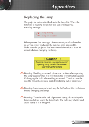 Page 47
47English

Appendices

Replacing the lamp
The projector automatically detects the lamp life. When the 
lamp life is nearing the end of use, you will receive a  
warning message.
 
When you see this message, please contact your local reseller 
or service center to change the lamp as soon as possible. 
Make sure the projector has been cooled down for at least 30 
minutes before changing the lamp. 
 Warning: Lamp compartment may be hot! Allow it to cool down 
before changing the lamp!
 Warning: To reduce...