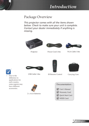 Page 7
7English

Introduction

Power Cord 1.8m
IR Remote Control
 Package Overview
This	projector	comes	with	all	the	items	shown	
below.	Check	to	make	sure	your	unit	is	complete.	
Contact	your	dealer	immediately	if	anything	is	
missing.
Documentation : 
	User’s Manaul
	Warranty Card
	Quick Start Card
	WEEE Card
	Due to the difference in applications for each country, some regions may have different accessories.
2 x AAA Batteries
Projector VGA Cable 1.8m
USB Cable 1.8mCarrying Case 