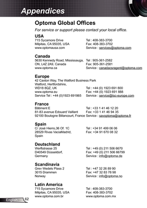 Page 62
62English

Appendices

Optoma Global Offices
For service or support please contact your local office.
USA
75 Sycamore Drive  Tel : 408-383-3700
Milpitas, CA 95035, USA   Fax: 408-383-3702 
www.optomausa.com  Service : 
services@optoma.com
Canada
5630 Kennedy Road, Mississauga, Tel : 905-36-2582
ON, L4Z 2A9, Canada   Fax: 905-36-258
www.optoma.ca  Service : 
canadacsragent@optoma.com
 
Europe
42 Caxton Way, The Watford Business Park 
Watford, Hertfordshire,  
WD8 8QZ, UK Tel :...