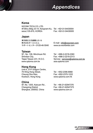 Page 65
65English

Appendices

Korea
WOOMI TECH.CO.,LTD.
4F,Minu Bldg.33-4, Kangnam-Ku,  Tel : +82+2+34430004
seoul,35-85, KOREA  Fax: +82+2+34430005
Japan
東京都足立区綾瀬 3-25-8
株式会社オーエスエム E-mail : info@osscreen.com
サポートセンター:020-46-5040 www.os-worldwide.com
Taiwan
5F., No. 08, Minchiuan Rd.   Tel : +886-2-228-2360
Shindian City,    Fax: +886-2-228-233
Taipei Taiwan 23, R.O.C.  Service : 
services@optoma.com.tw
www.optoma.com.tw  asia.optoma.com
Hong	Kong
Unit A, 27/F...