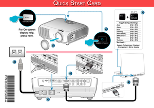 Page 1
QUICK START CARD
AUDIO1AUDIO2AUDIO3AUDIO-OUT+12V
RJ-45RS-232S-VIDEOVIDEOVGA-OUTVGA2-INVGA1-IN/SCARTDVI-DHDMIUSB
LR
E62405SP
R
SOURCERE-SYNC    ?/LAMPTEMP
MENU
POWER    STANDBYENTER    HELP//
AUDIO1AUDIO2
AUDIO3AUDIO-OUT
     +12VRJ-45RS-232S-VIDEOVIDEO
VGA-OUTVGA2-INVGA1-IN/SCARTDVI-DHDMIUSB
LR
Toggle Output SettingsAcer [Fn] + [F5]Asus[Fn] + [F8]Dell[Fn] + [F8]Gateway[Fn] + [F4]HP/Compaq[Fn] + [F4]IBM/Lenovo[Fn] + [F7]NEC[Fn] + [F3]Toshiba[Fn] + [F5]Mac Apple :
System PreferencesDisplay...