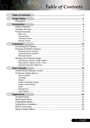 Page 1
1... English
Table of Contents
Table of Contents .......................................................................................1
Usage Notice ..............................................................................................2
Precautions ..........................................................................................................2
Introduction ................................................................................................4
Product Features...