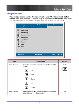 Page 37
 
Menu Setting 
Management Menu  
Press the Menu button to open the Main menu. Press the cursor  button to move to the  Man-
agement  menu. Press the cursor 
 button to move up and down in the  Management menu. Press 
 to change values for settings, and then press  Enter or  to confirm the new setting. 
 
ITEM DESCRIPTION DEFAULT 
Menu Position Press the cursor  button to select different OSD 
location.: 
 
 Left 
 Right 
 Center  
 Up 
 Down 
Center 
 
Menu Display Press the cursor  button to select...