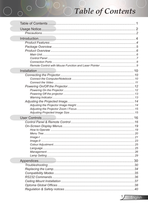 Page 1
English
Table of Contents
Table of Contents ........................................................................\
.................
Usage Notice  ........................................................................\
........................2
Precautions........................................................................\
...................................2
Introduction........................................................................\
...........................4
Product...