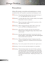 Page 2
2English

Usage Notice

Precautions
Follow all warnings, precautions and maintenance as recom-
mended in this user’s guide to maximize the life of your unit.
Warning-Donotlookintotheprojector’slenswhenthelampis
on.Thebrightlightmayhurtyoureyes.
Warning-	 To	reduce	the	risk	of	fire	or	electric	shock,	do	not	expose	
thisproducttorainormoisture....