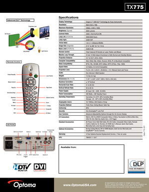 Page 2
TX775
Display Technology:
Resolution:
Maximum Resolution:
Brightness(Typical):
Contrast Ratio:
Lamp Life (STD/ECO):
Lamp Type:
Throw Ratio:
Image Size (Diagonal):
Noise Level (STD/ECO):
Remote Control:
Monitor Loop Through:
Projection Distance:
Computer Compatibility:
Video Compatibility:
Aspect Ratio:
Projection Lens:
Audio:
Weight:
Dimensions(W x H x D):
Keystone Correction:
Horizontal Scan Rate:
Vertical Refresh Rate:
Power Supply:
Power Consumption:
Operating Temperature:
Displayable Colors:...