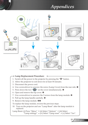 Page 51
5English

Appendices

Lamp Replacement Procedure:
1.  Switch off the power to the projector by pressing the “” button.
2.  Allow the projector to cool down for at least 30 minutes.
3.  Disconnect the power cord.
4.  Use a screwdriver to unscrew the screw (Lamp Cover) from the rear side. 
5.  Press down the two “” on the cover simultaneously. 
6.  Open and remove the top cover. 
7.  Use a screwdriver to unscrew the 2 screws from the lamp module. 
8.  Pull up the lamp handle carefully. 
9....