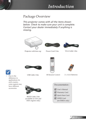 Page 7
7English

Introduction

Power Cord 3.0m
IR Remote Control
 Package Overview
This	projector	comes	with	all	the	items	shown	
below.	Check	to	make	sure	your	unit	is	complete.	
Contact	your	dealer	immediately	if	anything	is	
missing.
Documentation : 
	User’s Manual
	Warranty Card
	Quick Start Card
	WEEE Card  (for EMEA only)
	Due to the difference in applications for each country, some regions may have different accessories.
2 x AAA Batteries
Projector with lens cap VGA Cable 1.8m
USB Cable 1.8m 
RS232...