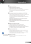 Page 47
47English

Appendices

 Image is out of focus
 Make sure the lens cap is removed.
 Adjusts the Focus Ring on the projector lens. 
 Make sure the projection screen is between the required distance 
3.9 to 32.8 feet (1.2 to 10.0 meters) from the projector.  
See page 18.
 The image is stretched when displaying 16:9 DVD title
When you play anamorphic DVD or 16:9 DVD, the projector will 
show the best image in 16:9 format on projector side.
If you play 4:3 format DVD title, please change the format as...