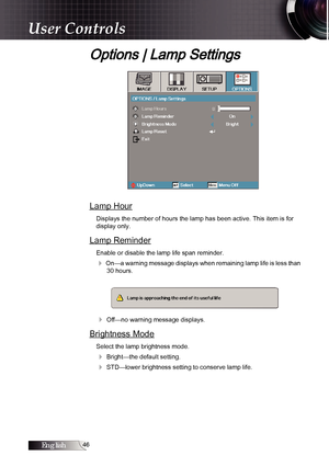 Page 46English
Options | Lamp Settings
Lamp Hour
Displays the number of hours the lamp has been active. This item is for 
display only.
Lamp Reminder
Enable or disable the lamp life span reminder. 
4 On—a warning message displays when remaining lamp life is less than 30 hours.
4 Off—no warning message displays.
Brightness Mode
Select the lamp brightness mode.
4 Bright—the default setting.
4 STD—lower brightness setting to conserve lamp life.
User Controls 