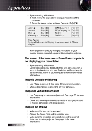 Page 52English
4 If you are using a Notebook:1. First, follow the steps above to adjust resolution of the   computer.
2. Press the toggle output settings. Example: [Fn]+[F4]
Acer  �   [Fn]+[F5]
Asus �   [Fn]+[F8]
Dell  �  [Fn]+[F8]
Gateway � 
  [Fn]+[F4]
Mac Apple: 
System Preference � Display � Arrangement � Mirror 
display IBM/Lenovo 
�[Fn]+[F7]
[Fn]+[F4]
HP/Compaq 
NEC � �
   [Fn]+[F3]
Toshiba  �   [Fn]+[F5]
If you experience difficulty changing resolutions or your  
monitor freezes, restart all...