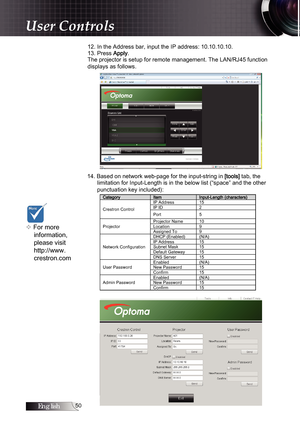 Page 50English0
12. In the Address bar, input the IP address: 10.10.10.10. 
13. Press Apply.
The projector is setup for remote management. The LAN/RJ45 function 
displays as follows.
 
14. Based on network web-page for the input-string in [tools] tab, the 
limitation for Input-Length is in the below list (“space” and the other 
punctuation key included): 
CategoryItemInput-Length (characters)
Crestron Control IP Address
15
IP ID 2
Port 5
Projector Projector Name 10
Location
9
Assigned To 9
Network...