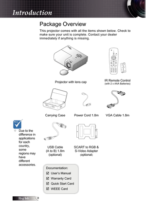 Page 8English
Package Overview
This projector comes with all the items shown below. Check to 
make sure your unit is complete. Contact your dealer   
immediately if anything is missing.
HDMI  
Projector with lens capIR Remote Control (with 2 x AAA Batteries)
Carrying Case Power Cord 1.8m VGA Cable 1.8m
USB Cable  
(A to B) 1.8m   (optional) SCART to RGB &  
S-Video Adapter 
(optional)
Documentation:
þ  User’s Manual
þ  Warranty Card
þ  Quick Start Card
þ  WEEE Card
Due to the 
difference in  
applications...