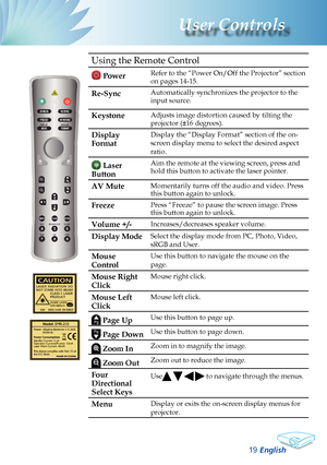 Page 21
English
User Controls

Using the Remote Control
 PowerRefer to the “Power On/Off the Projector” section 
on pages 14-15.
Re-Sync Automatically synchronizes the projector to the 
input source.
KeystoneAdjusts image distortion caused by tilting the 
projector (±16 degrees).
Display 
Format
Display the “Display Format” section of the on-
screen display menu to select the desired aspect 
ratio.
 Laser 
Button  
Aim the remote at the viewing screen, press and 
hold this button to activate the laser...