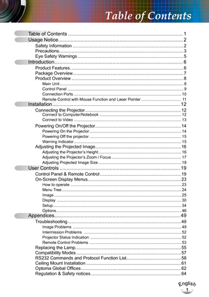 Page 1English
1
English
1
Table of Contents ...................................................................................1
Usage Notice ..........................................................................................2
Safety Information  ........................................................................\
.................2
Precautions........................................................................\
............................3
Eye Safety Warnings...