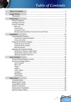 Page 1
English
1
Table of Contents
Table of Contents .........................................................................................1
Usage Notice ................................................................................................2
Precautions ..........................................................................................................2
Introduction ..................................................................................................4
Product Features...