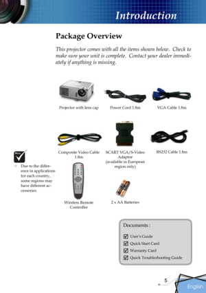 Page 5
English
5

Introduction

Power Cord 1.8mVGA Cable 1.8m
Wireless Remote Controller
Composite Video Cable 1.8m 
Projector with lens cap
Package Overview
This projector comes with all the items shown below.  Check to 
make sure your unit is complete.  Contact your dealer immedi-
ately if anything is missing.
Documents : 
 User’s Guide
 Quick Start Card
 Warranty Card
 Quick Troubleshooting Guide
SCART VGA/S-Video Adaptor(available in European region only) Due to the differ-ence in applications for...