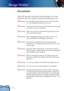 Page 2
2
English

Usage Notice

Precautions
Follow all warnings, precautions and maintenance as recom-
mended in this user’s guide to maximize the life of your unit.
Warning-    Do not look into the projector’s lens when the lamp is 
on.  The bright light may hurt your eyes.
Warning-  To reduce the risk of ﬁre or electric shock, do not expose 
this product to rain or moisture.
Warning-  Please do not open or disassemble the product as this 
may cause electric shock.
Warning-  When changing the lamp, please...