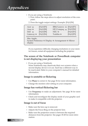 Page 52English
4 If you are using a Notebook:1. First, follow the steps above to adjust resolution of the com- puter.
2. Press the toggle output settings. Example: [Fn]+[F4]
Acer  �   [Fn]+[F5]
Asus �   [Fn]+[F8]
Dell  �  [Fn]+[F8]
Gateway � 
  [Fn]+[F4]
Mac Apple: 
System Preference � Display � Arrangement � Mirror 
display IBM/Lenovo 
�[Fn]+[F7]
[Fn]+[F4]
HP/Compaq 
NEC � �
   [Fn]+[F3]
Toshiba  �   [Fn]+[F5]
If you experience difficulty changing resolutions or your moni -
tor freezes, restart all...