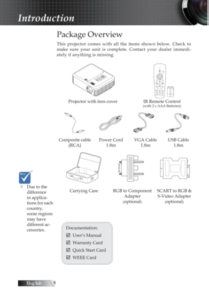 Page 8English
Package Overview
This  projector  comes  with  all  the  items  shown  below.  Check  to 
make  sure  your  unit  is  complete.  Contact  your  dealer  immedi-
ately if anything is missing.
Projector with lens coverIR Remote Control (with 2 x AAA Batteries)
Composite cable  
(RCA) Power Cord 
1.8m VGA Cable 
1.8m USB Cable 
1.8m
Carrying Case RGB to Component  Adapter 
(optional)
SCART to RGB &  S-Video Adapter 
(optional)
 
Documentation:
þ  User’s Manual
þ  Warranty Card
þ  Quick Start...