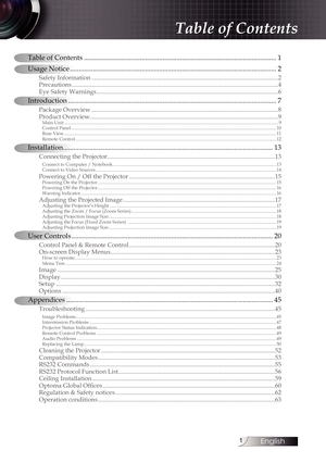 Page 1
English

Table of Contents ........................................................................\
......................................1
Usage Notice  ........................................................................\
..............................................2
Safety Information  ........................................................................\
................................................2Precautions...