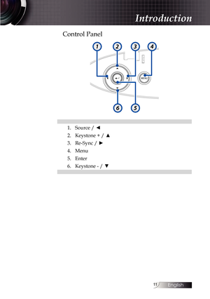 Page 1111
Introduction
Control Panel
2314
65
1.Source / ◄
2. Keystone + / ▲
3. Re-Sync / ►
4. Menu
5. Enter
6. Keystone - / ▼ 
English   