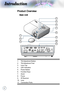 Page 88
Introduction
Product Overview
Main Unit
1
2
3
9
8
7
6
4
11
5
10
1.Tilt-Adjustment Button
2.Tilt-Adjustment Feet
3.Lens Cap
4.LED Indicators
5.Power Button
6.Function Keys
7.Zoom
8.Focus
9.IR Receiver
10.Lens
11.Connection Ports     