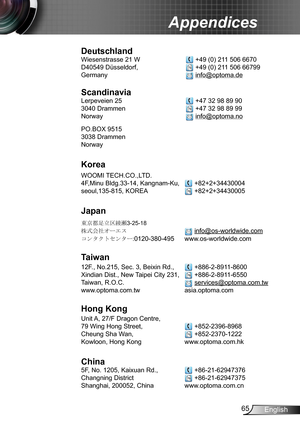 Page 6565English
Appendices
USA
3178 Laurelview Ct.   888-289-6786
Fremont, CA 94538, USA   510-897-8601
www.optomausa.com  services@optoma.com
Canada
3178 Laurelview Ct.   888-289-6786
Fremont, CA 94538, USA   510-897-8601
www.optomausa.com  services@optoma.com
Latin America
3178 Laurelview Ct.   888-289-6786
Fremont, CA 94538, USA   510-897-8601
www.optomausa.com  services@optoma.com
Europe
42 Caxton Way, The Watford Business Park 
Watford, Hertfordshire,  
WD18 8QZ, UK  +44 (0) 1923 691 800
www.optoma.eu...