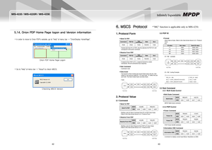 Page 2342
MIS-4220 / MIS-4220R / MIS-4230
43
Infinitely Expandable 
5.14. Orion PDP Home Page logon and Version information
In order to move to Orion PDP's website, go to "Help" of menu bar → "OrionDisplay HomePage". y
Orion PDP Home Page Logon
Go to "Help" of menu bar → "About" to check MSCS. y
Checking MSCS Version
Protocol Form1. 
Send To PDP ƒ
CommandPDP IDSub CommandDataEnd
4byte2byte4byteVariable1byte
Format sent from PC to PDP, only the selected ID("PDP...