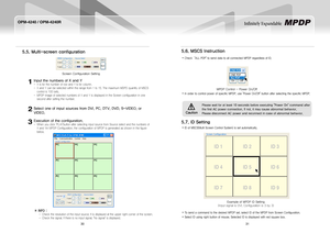 Page 1730
OPM-4240 / OPM-4240R
31
Infinitely Expandable 
5.5. Multi-screen configuration
InputthenumbersofXandY
X is for the number of row and Y is for column. -
X and Y can be selected within the range from 1 to 15. The maximum MDPD quantity of MSCS  -
control is 100 sets.
MPDP image of selected numbers of X and Y is displayed in the Screen configuration in one  -
second after setting the number....