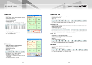 Page 2852
OPM-4240 / OPM-4240R
53
Infinitely Expandable 
Multi-Scale3.3. 
Screen expansion command for MPDP -Command Code  -0xDD (DVI), 0xDE (PC), 0xDF (DTV), 0xE0 (DVD), 0xE1(S-Video), 0xE2 (Video)One way communication (Send to PDP) -Data: ID (1 byte) +X/Y(1 byte) + P(1 byte)  -X: the number of horizontally installed MPDP Y: the number of vertically installed MPDP P: the location of expanded scaleX/Y: upper position 4bits - X (Max: 15), lower position 4bits - Y (Max: 15)e.g.)  0x44 for 4 x 4 screens, 0xFF for...