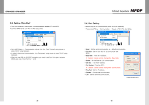 Page 16- 28 -
OPM-4250 | OPM-4250R
- 29 -
Infinitely Expandable 
Setting 'Com Port'5.3. 
ComPortconnectsordisconnectsthecommunicationbetweenPCandMPDP.y
ConnectMPDPtoPCComPortviaRS-232Ccable.y
GotoMSCSMenu→CommunicationandsetComPort.Click'Connect'usingmouseory
press'Ctrl+C'usingkeyboard....