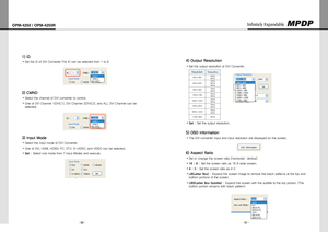 Page 27- 50 -
OPM-4250 | OPM-4250R
- 51 -
Infinitely Expandable 
iD 1) 
SettheIDofDVIConverter.TheIDcanbeselectedfrom1to9.y
CMnD 2) 
SelectthechannelofDVIconvertertocontrol.y
OneofDVIChannel1(DVIC1),DVIChannel2(DVIC2),andALLDVIChannelcanbey
selected.
input Mode3) 
SelecttheinputmodeofDVIConverter.y...