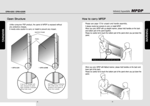 Page 6- 8 -
OPM-4250 | OPM-4250R
WArning
- 9 -
Infinitely Expandable 
WArning
Open Structure
Unlike consumer PDP product, the panel of MPDP is exposed without 
any protective chassis. 
It needs extra caution to carry or install to prevent any impact.  
How to carry MPDP
It always needs two persons to carry or install MPDP.
When you carry MPDP with up straight manner, please hold handles on the back 
and bottom part of the panel together.  
Please be careful not to touch the bottom part of the panel when you...