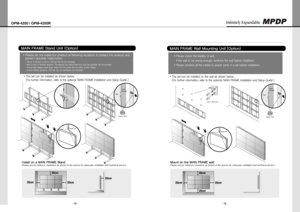 Page 9- 14 -
OPM-4250 | OPM-4250R
- 15 -
Infinitely Expandable 
install on a MAin FrAME Stand
Pleasesecure minimum clearance asshown inthe picture foradequate ventilation andtechnical service.
MAin FrAME Stand Unit (Option)
Thesetcanbeinstalledasshownbelow. y
(Forfurtherinformation,refertotheoptional'MAINFRAMEInstallationandSetupGuide'.)
MAin FrAME Wall...