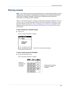 Page 131Retrieving voicemail
11 7
Retrieving voicemail
NOTEYour wireless service provider determines your voicemail properties, such as 
mailbox size, the number of rings before diverting a call to voicemail, and how to 
record your voicemail message. Contact your wireless service provider for 
information on setting up your voicemail.
When a voicemail message is waiting, a notification message is displayed. You can 
retrieve your voicemail messages directly from the notification message or from 
the Palm Mobile...