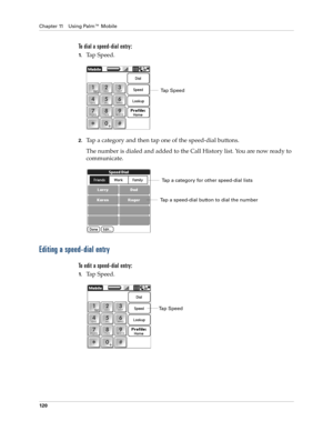 Page 134Chapter 11 Using Palm™ Mobile
120
To dial a speed-dial entry:
1.Ta p  S p e e d .
2.Tap a category and then tap one of the speed-dial buttons.
The number is dialed and added to the Call History list. You are now ready to 
communicate.
Editing a speed-dial entry
To edit a speed-dial entry:
1.Ta p  S p e e d .
Tap Speed
Tap a speed-dial button to dial the number
Tap a category for other speed-dial lists
Tap Speed 