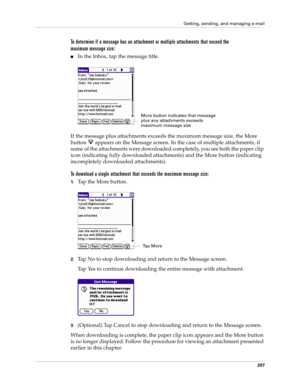 Page 221Getting, sending, and managing e-mail
207
To determine if a message has an attachment or multiple attachments that exceed the 
maximum message size:
nIn the Inbox, tap the message title.
If the message plus attachments exceeds the maximum message size, the More 
button   appears on the Message screen. In the case of multiple attachments, if 
some of the attachments were downloaded completely, you see both the paper clip 
icon (indicating fully downloaded attachments) and the More button (indicating...