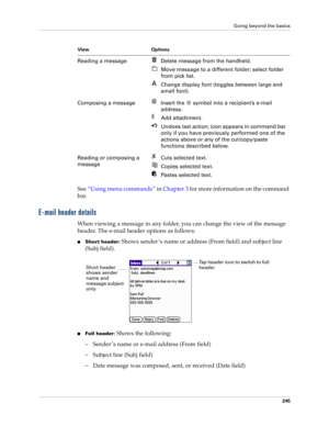 Page 259Going beyond the basics
245
See“Using menu commands” in Chapter 3 for more information on the command 
bar.
E-mail header details
When viewing a message in any folder, you can change the view of the message 
header. The e-mail header options as follows:
nShort header: Shows sender ’s name or address (From field) and subject line 
(Subj field).
nFull header: Shows the following:
– Sender ’s name or e-mail address (From field)
– Subject line (Subj field)
– Date message was composed, sent, or received (Date...