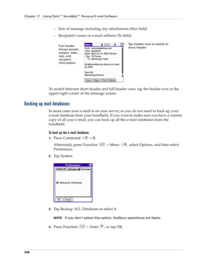 Page 260Chapter 17 Using Palm™ VersaMail™ Personal E-mail Software
246
– Size of message including any attachments (Size field)
– Recipient’s name or e-mail address (To field)
To switch between short header and full header view, tap the header icon in the 
upper-right corner of the message screen.
Backing up mail databases
In most cases your e-mail is on your server, so you do not need to back up your 
e-mail database from your handheld. If you want to make sure you have a current 
copy of all your e-mail, you...