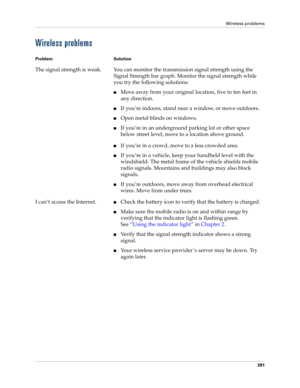 Page 395Wireless problems
381
Wireless problems
Problem Solution
The signal strength is weak. You can monitor the transmission signal strength using the 
Signal Strength bar graph. Monitor the signal strength while 
you try the following solutions:
nMove away from your original location, five to ten feet in 
any direction.
nIf you’re indoors, stand near a window, or move outdoors.
nOpen metal blinds on windows.
nIf you’re in an underground parking lot or other space 
below street level, move to a location above...