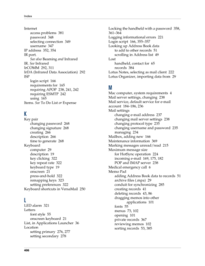 Page 420Index
406
Internet
access problems 381
password 348
selecting connection 349
username 347
IP address 352, 354
IR port.
See also Beaming and Infrared
IR. See Infrared
IrCOMM 292, 311
IrDA (Infrared Data Association) 292
ISP
login script 166
requirements for 165
requiring APOP 238, 241, 242
requiring ESMTP 242
using 165
Items. See To Do List or Expense
K
Key pair
changing password 268
changing signature 268
creating 266
description 266
time to generate 268
Keyboard
computer 29
description 19
key clicking...