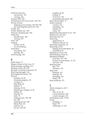 Page 424Index
410
Preferred network
sort priority 335
viewing 334
Primary DNS 353
Prioritizing To Do List records 156, 159
Private records
displaying and creating 365–367, 384
lost with forgotten password 364
Profile 223
Profile, Mobile user 305
Protocol, changing type 235
Public Key
infrastructure 266
viewing 270
PUK 339
Purging
records 44–45
See also Deleting
Push Inbox
description 261
opening 261
Push message 262
R
Radio status 12
Range of times in Day view 92
Read messages, marking 215
Reading e-mail...