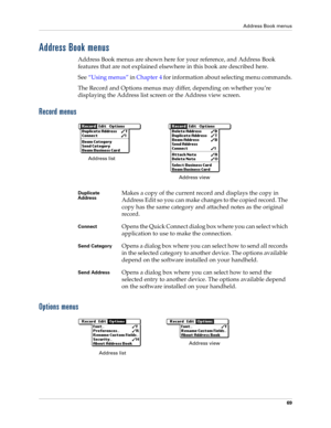 Page 83Address Book menus
69
Address Book menus
Address Book menus are shown here for your reference, and Address Book 
features that are not explained elsewhere in this book are described here.
See“Using menus” in Chapter 4 for information about selecting menu commands.
The Record and Options menus may differ, depending on whether you’re 
displaying the Address list screen or the Address view screen.
Record menus
Options menus
Duplicate 
AddressMakes a copy of the current record and displays the copy in...