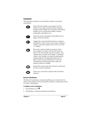 Page 105Chapter 4 Page 97
Calculator
The Calculator includes several buttons to help you perform 
calculations.
Recent Calculations
The Recent Calculations command enables you to review the last 
series of calculations and is particularly useful for confirming a series 
of “chain” calculations.
To display recent calculations:
1. Tap the Menu icon  .
2. Tap Options, and then tap Recent Calculations.Clears the last number you entered. Use this 
button if you make a mistake while entering a 
number in the middle of...