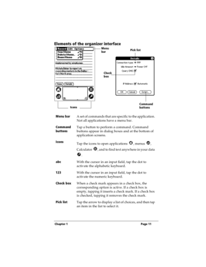 Page 19Chapter 1 Page 11
Elements of the organizer interface
Menu bar
A set of commands that are specific to the application. 
Not all applications have a menu bar.
Command 
buttonsTap a button to perform a command. Command 
buttons appear in dialog boxes and at the bottom of 
application screens.
Icons
Tap the icons to open applications  , menus  , 
Calculator  , and to find text anywhere in your data 
.
abc
With the cursor in an input field, tap the dot to 
activate the alphabetic keyboard.
123
With the...