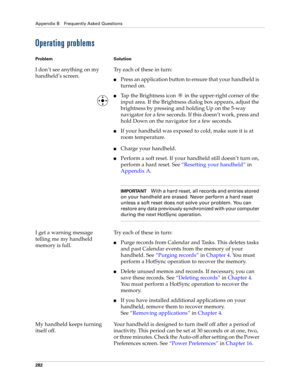 Page 292Appendix B Frequently Asked Questions
282
Operating problems
Problem Solution
I don’t see anything on my 
handheld’s screen.Try each of these in turn:
nPress an application button to ensure that your handheld is 
turned on.
nTap the Brightness icon   in the upper-right corner of the 
input area. If the Brightness dialog box appears, adjust the 
brightness by pressing and holding Up on the 5-way 
navigator for a few seconds. If this doesn’t work, press and 
hold Down on the navigator for a few seconds....